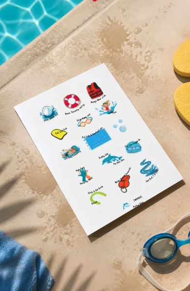 A water safety sticker sheet beside a pool